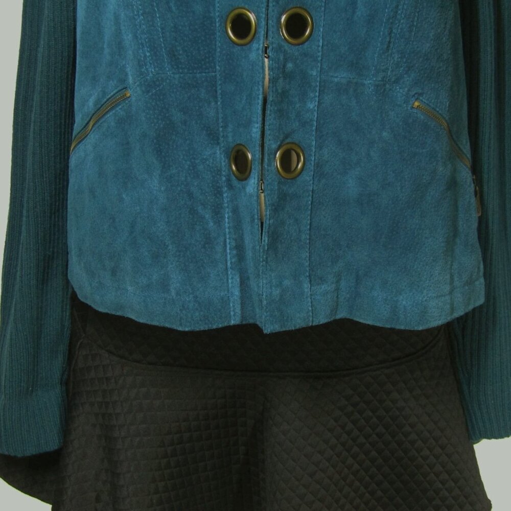 VTG Y2K SUEDE Leather Military Boho Grunge Retro Jacket Teal blue Jacket Large - Picture 3 of 11